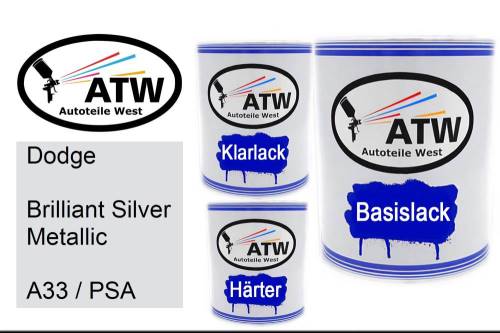 Dodge, Brilliant Silver Metallic, A33 / PSA: 1L Lackdose + 1L Klarlack + 500ml Härter - Set, von ATW Autoteile West.